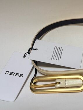 Reiss | NWT Chaya Skinny Italian Leather Belt with Gold Oval Buckle - L, Cream